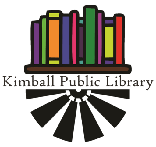 Logo of Kimball Public Library featuring a row of colorful books on a shelf above the library name and a stylized windmill design.