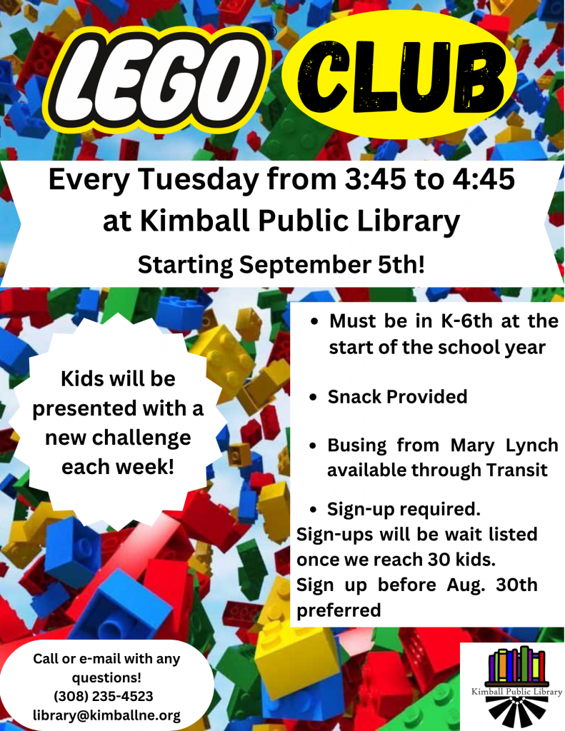 Join us At KImball Public Library for Lego Club!